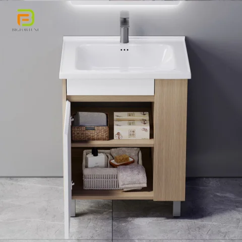 Modern Floor Standing Plywood Bathroom Vanity with Ceramic Basin and LED Mirror 4