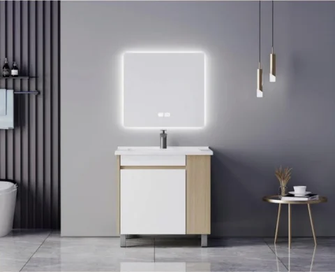 Modern Floor Standing Plywood Bathroom Vanity with Ceramic Basin and LED Mirror