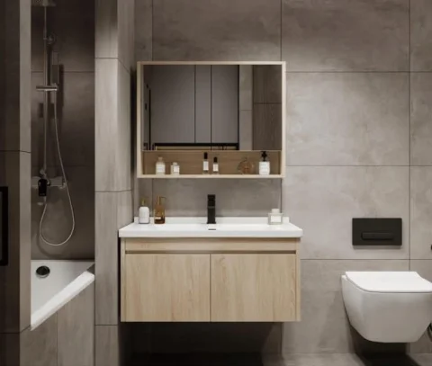 Contemporary Wall-Mounted Plywood Bathroom Vanity Set with Ceramic Basin and Luxury Mirror Cabinet