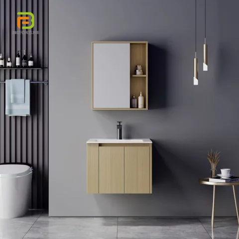 Modern Wall-Mounted Bathroom Vanity with Ceramic Wash Basin – Waterproof Plywood Storage Cabinet & Framed Mirror | Hotel & Home Use