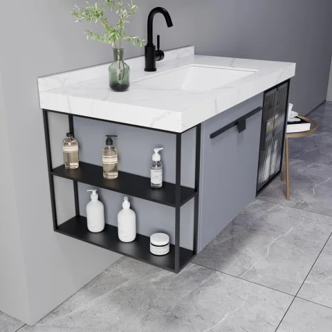 Modern Waterproof PVC Floating Bathroom Vanity – Wall-Mounted Cabinet with Ceramic Basin & Framed Mirror | Hotel & Home Use 7
