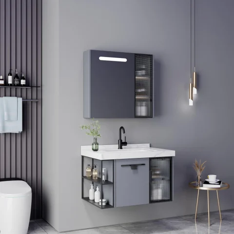 Modern Waterproof PVC Floating Bathroom Vanity – Wall-Mounted Cabinet with Ceramic Basin & Framed Mirror | Hotel & Home Use 4