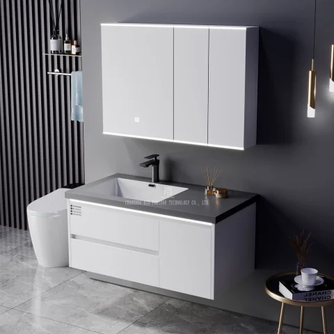 Modern Wall-Mounted Bathroom Vanity with Stone Basin – Waterproof Plywood Cabinet & Framed Mirror | Hotel & Home Bathroom Furniture 6