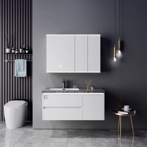 Modern Wall-Mounted Bathroom Vanity with Stone Basin – Waterproof Plywood Cabinet & Framed Mirror | Hotel & Home Bathroom Furniture