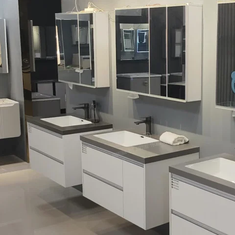 Modern Wall-Mounted Bathroom Vanity with Stone Basin – Waterproof Plywood Cabinet & Framed Mirror | Hotel & Home Bathroom Furniture 4