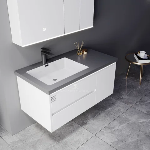 Modern Wall-Mounted Bathroom Vanity with Stone Basin – Waterproof Plywood Cabinet & Framed Mirror | Hotel & Home Bathroom Furniture