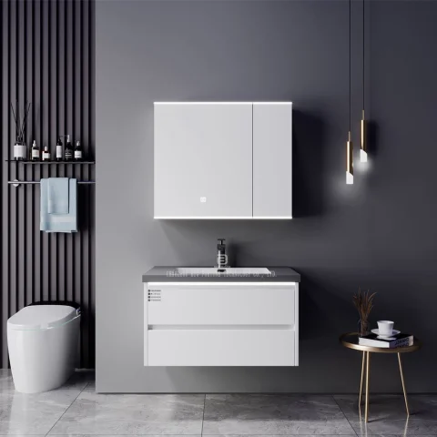 Modern Wall-Mounted Bathroom Vanity with Stone Basin – Waterproof Plywood Cabinet & Framed Mirror | Hotel & Home Bathroom Furniture 3