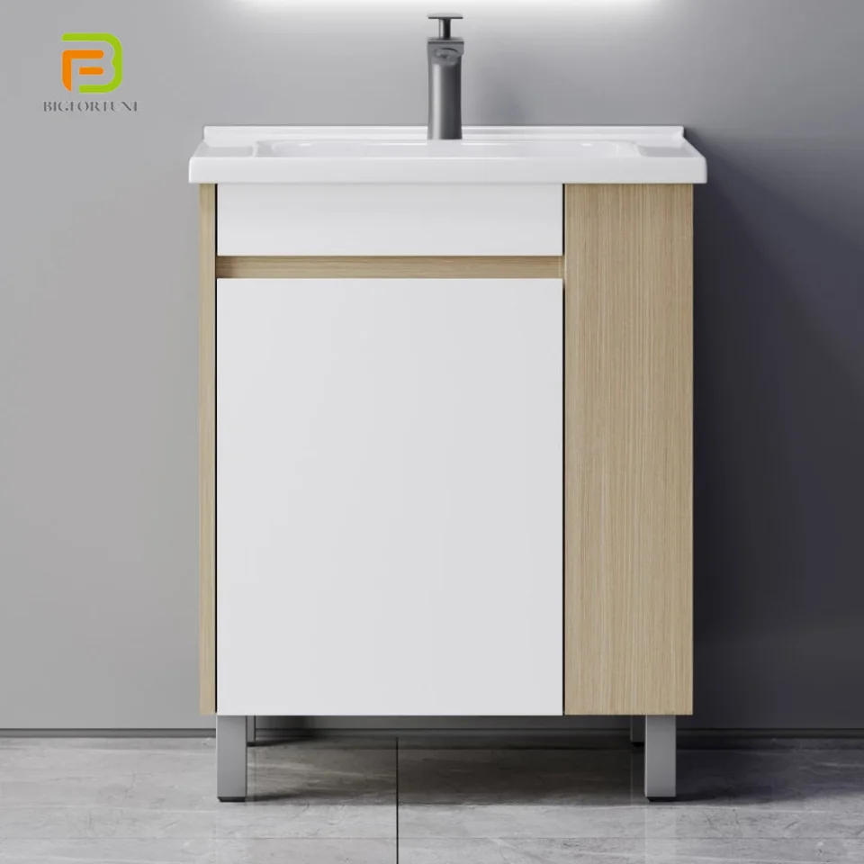 Modern Floor Standing Plywood Bathroom Vanity with Ceramic Basin and LED Mirror