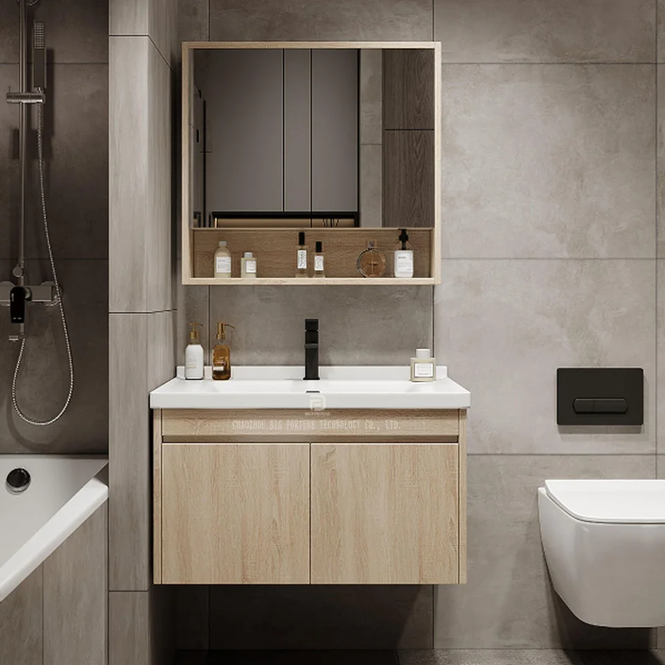 Modern Waterproof Floating Bathroom Vanity – Minimalist Ceramic Wash Basin with Storage | Plywood Wall-Mounted Cabinet with Sink