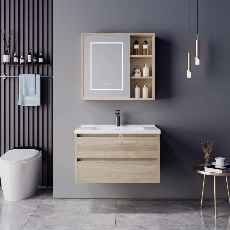 Contemporary Wall Mounted Plywood Bathroom Vanity with Ceramic Basin & LED Mirror – Durable Modern Bathroom Cabinet