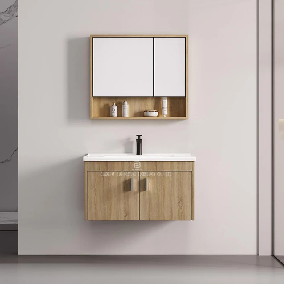 Modern Wall-Mounted Bathroom Vanity with Ceramic Basin – Waterproof Plywood Cabinet & Framed Mirror | Hotel & Home Bathroom Furniture