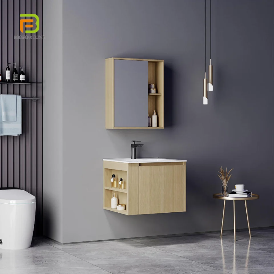 Modern Wall-Mounted Bathroom Vanity with Ceramic Wash Basin – Waterproof Plywood Storage Cabinet & Framed Mirror | Hotel & Home Use