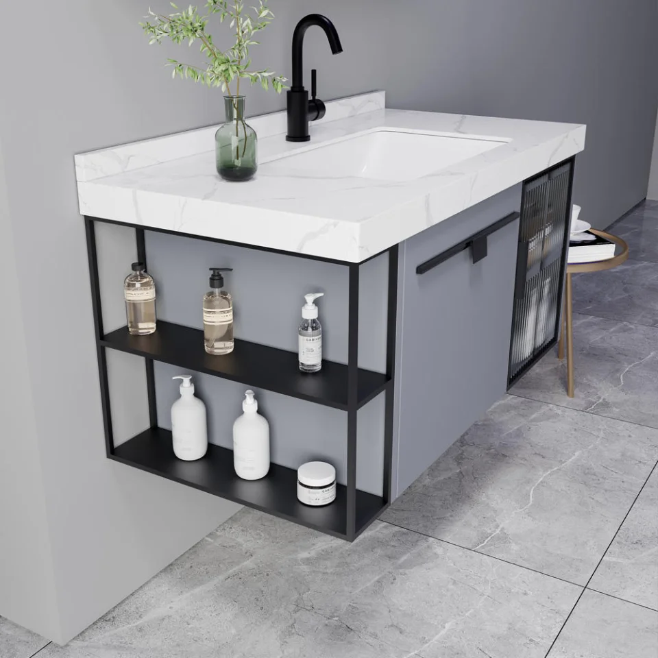 Modern Waterproof PVC Floating Bathroom Vanity – Wall-Mounted Cabinet with Ceramic Basin & Framed Mirror | Hotel & Home Use