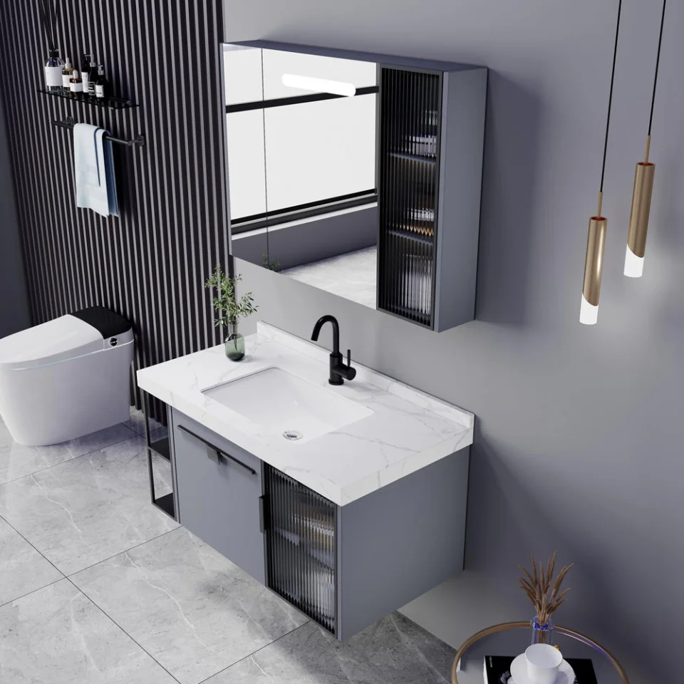 Modern Waterproof PVC Floating Bathroom Vanity – Wall-Mounted Cabinet with Ceramic Basin & Framed Mirror | Hotel & Home Use