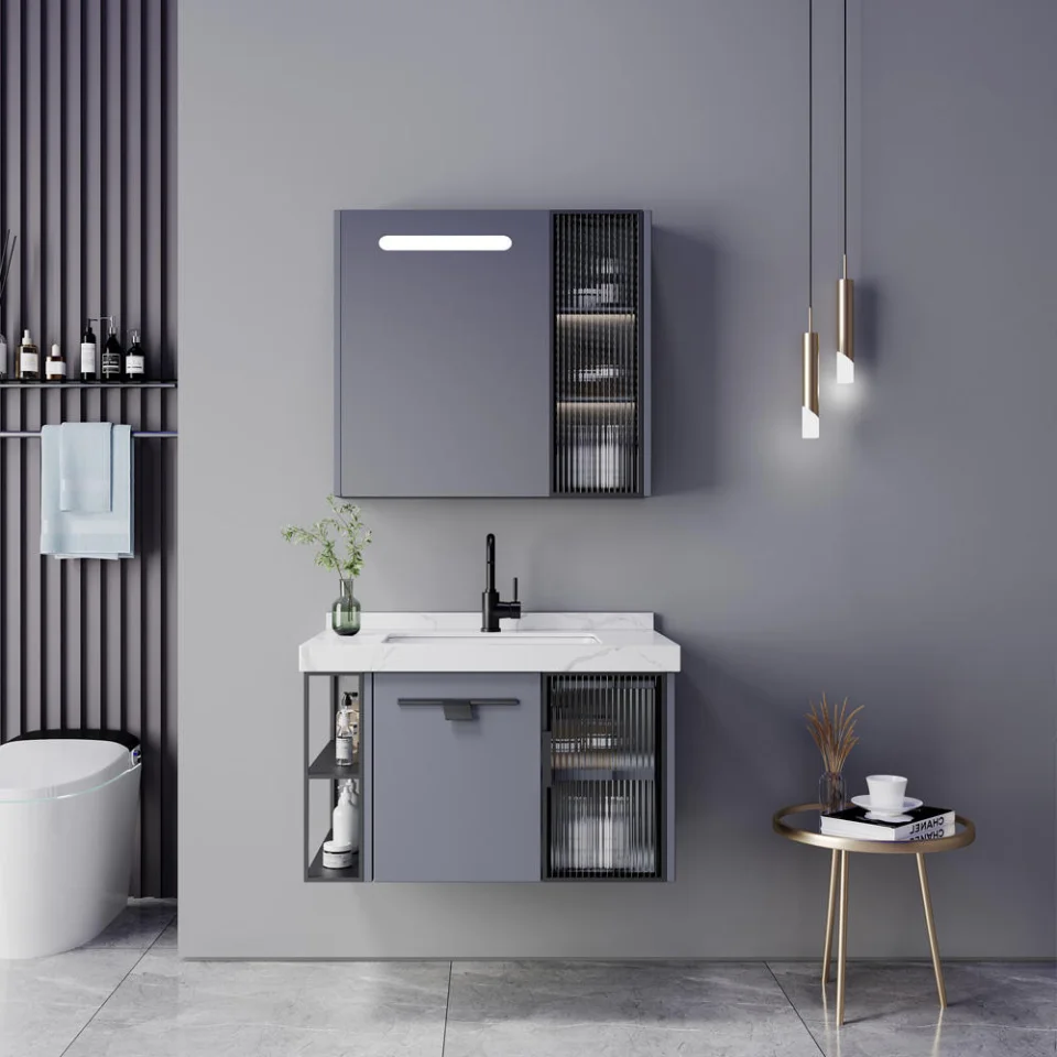 Modern Waterproof PVC Floating Bathroom Vanity – Wall-Mounted Cabinet with Ceramic Basin & Framed Mirror | Hotel & Home Use