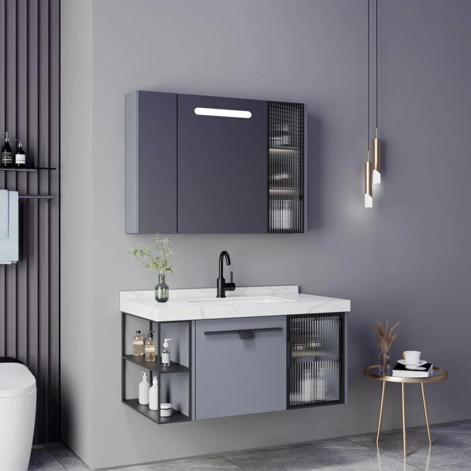 Modern Waterproof PVC Floating Bathroom Vanity – Wall-Mounted Cabinet with Ceramic Basin & Framed Mirror | Hotel & Home Use