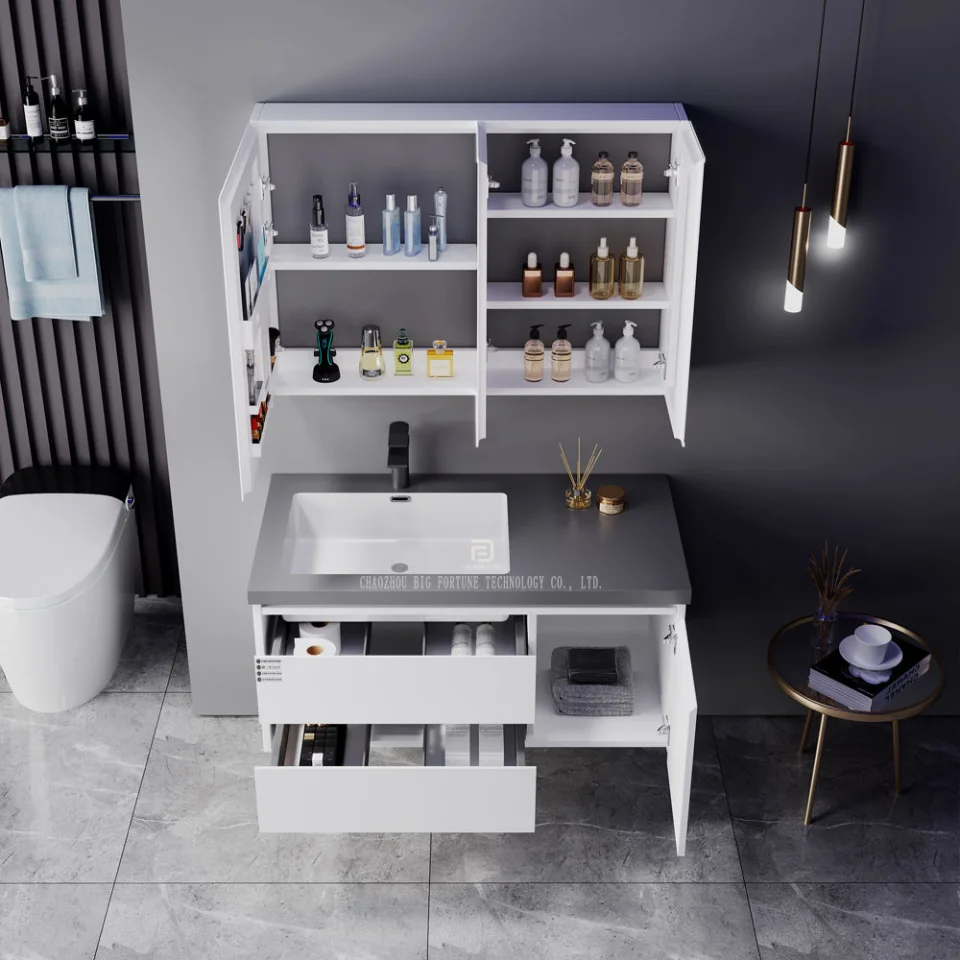 Modern Wall-Mounted Bathroom Vanity with Stone Basin – Waterproof Plywood Cabinet & Framed Mirror | Hotel & Home Bathroom Furniture