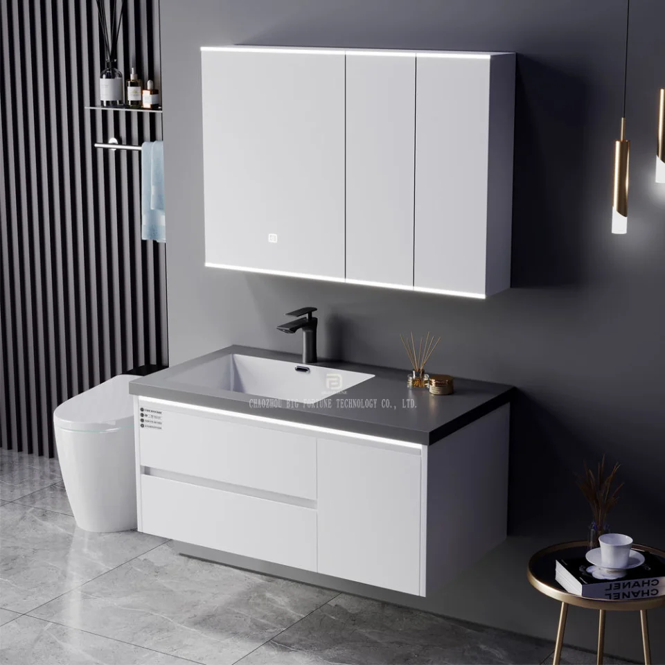 Modern Wall-Mounted Bathroom Vanity with Stone Basin – Waterproof Plywood Cabinet & Framed Mirror | Hotel & Home Bathroom Furniture