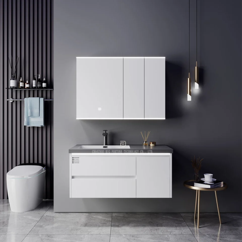 Modern Wall-Mounted Bathroom Vanity with Stone Basin – Waterproof Plywood Cabinet & Framed Mirror | Hotel & Home Bathroom Furniture