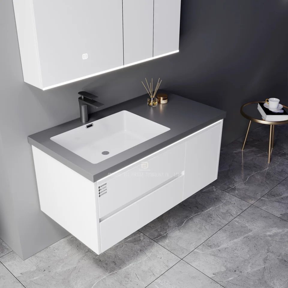 Modern Wall-Mounted Bathroom Vanity with Stone Basin – Waterproof Plywood Cabinet & Framed Mirror | Hotel & Home Bathroom Furniture