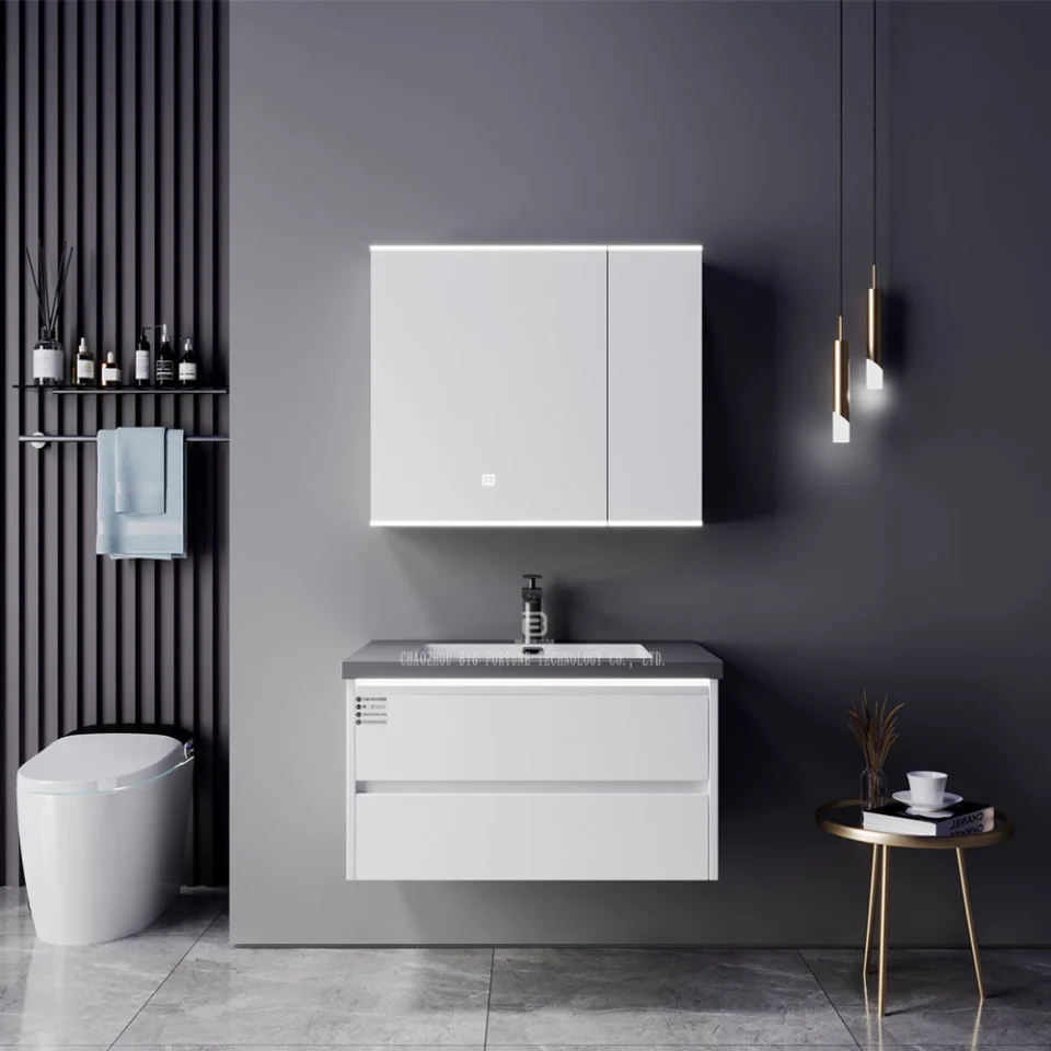 Modern Wall-Mounted Bathroom Vanity with Stone Basin – Waterproof Plywood Cabinet & Framed Mirror | Hotel & Home Bathroom Furniture