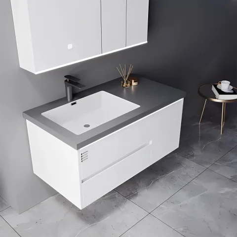 Modern Wall-Mounted Bathroom Vanity with Stone Basin – Waterproof Plywood Cabinet & Framed Mirror | Hotel & Home Bathroom Furniture 3