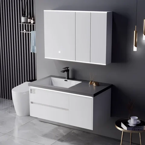 Modern Wall-Mounted Bathroom Vanity with Stone Basin – Waterproof Plywood Cabinet & Framed Mirror | Hotel & Home Bathroom Furniture