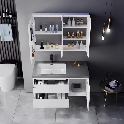 Modern Wall-Mounted Bathroom Vanity with Stone Basin – Waterproof Plywood Cabinet & Framed Mirror | Hotel & Home Bathroom Furniture 4