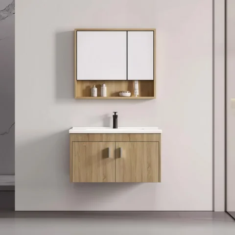 Modern Wall-Mounted Bathroom Vanity with Ceramic Basin – Waterproof Plywood Cabinet & Framed Mirror | Hotel & Home Bathroom Furniture
