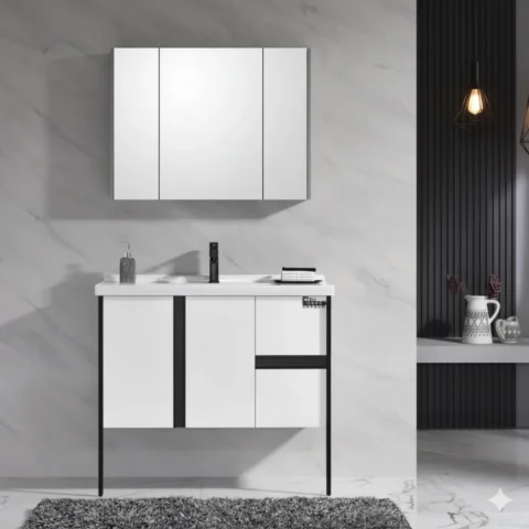 24-Inch Modern Waterproof Plywood Bathroom Vanity – Floor Standing Cabinet with Basin & Framed Mirror | Hotel & Home Bathroom Furniture