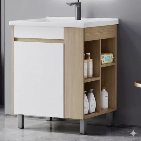 Modern Floor Standing Plywood Bathroom Vanity with Ceramic Basin and LED Mirror