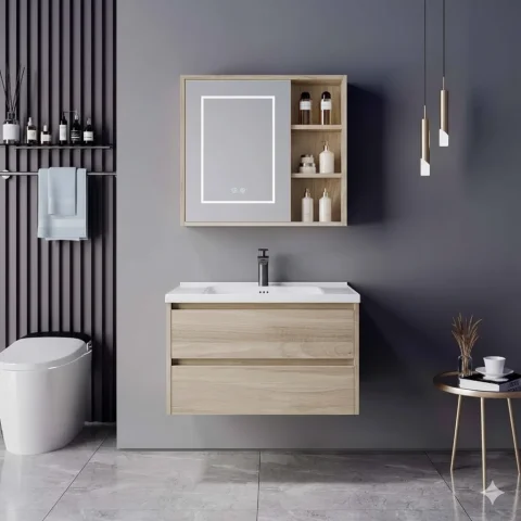 Contemporary Wall Mounted Plywood Bathroom Vanity with Ceramic Basin & LED Mirror – Durable Modern Bathroom Cabinet