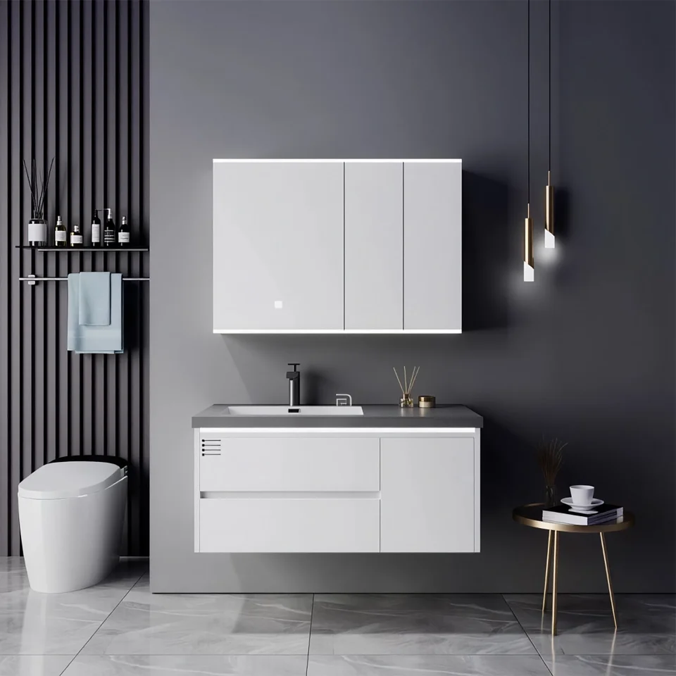Modern Wall-Mounted Bathroom Vanity with Stone Basin – Waterproof Plywood Cabinet & Framed Mirror | Hotel & Home Bathroom Furniture