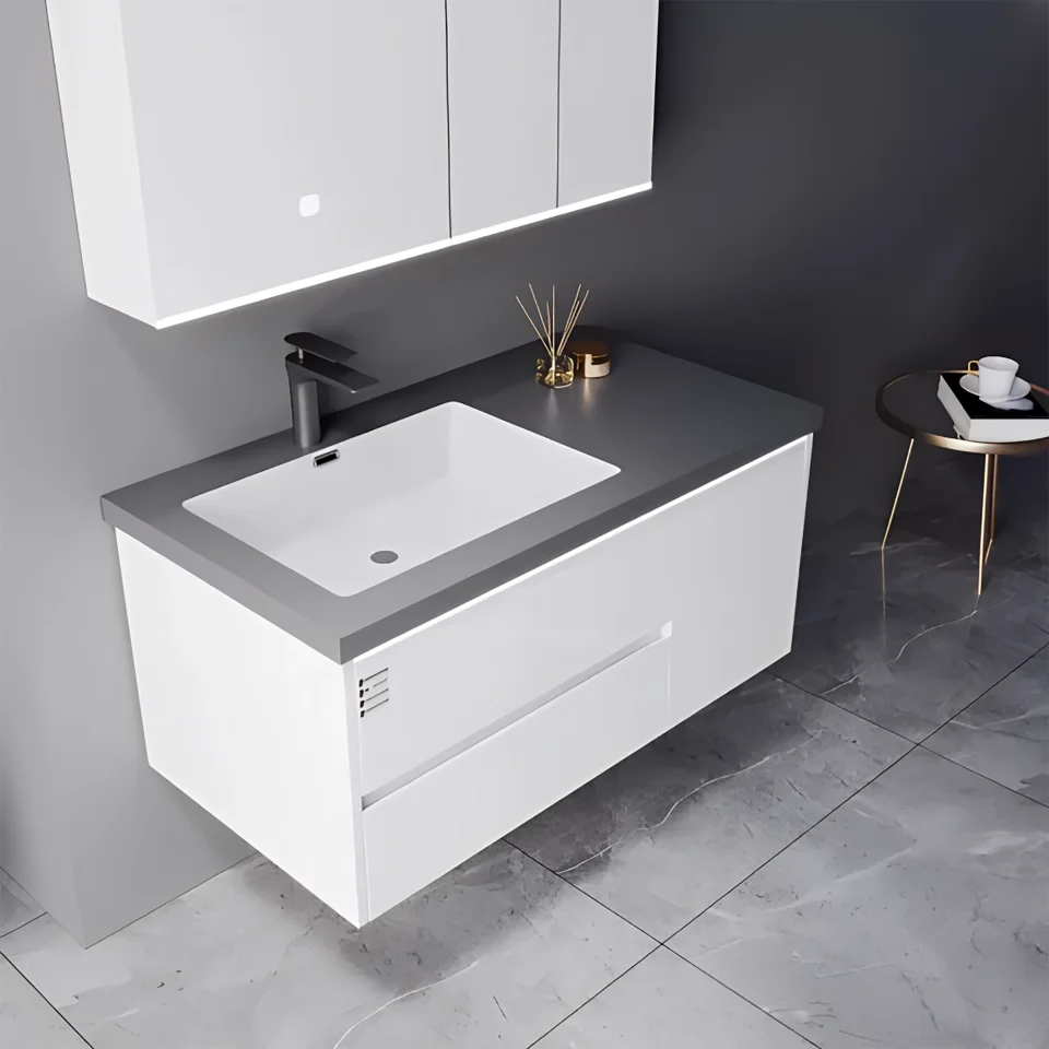 Modern Wall-Mounted Bathroom Vanity with Stone Basin – Waterproof Plywood Cabinet & Framed Mirror | Hotel & Home Bathroom Furniture