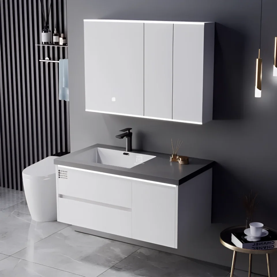Modern Wall-Mounted Bathroom Vanity with Stone Basin – Waterproof Plywood Cabinet & Framed Mirror | Hotel & Home Bathroom Furniture