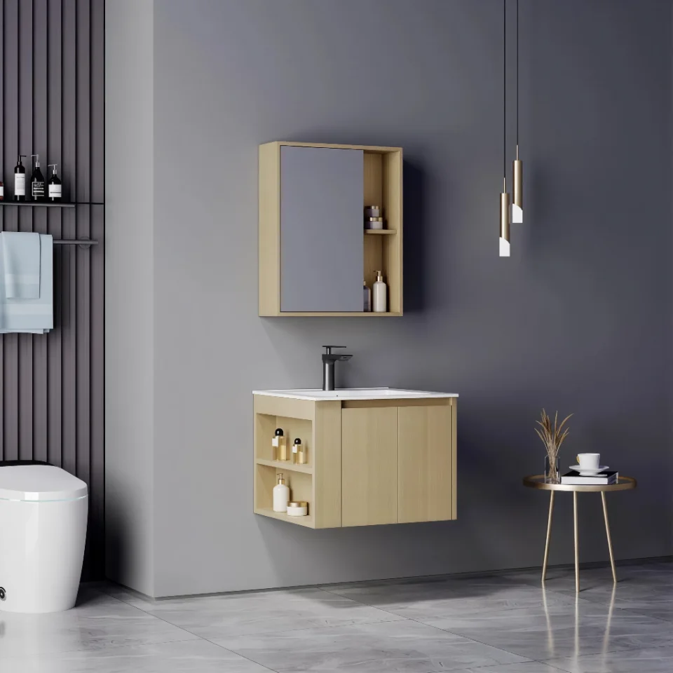 Modern Wall-Mounted Bathroom Vanity with Ceramic Wash Basin – Waterproof Plywood Storage Cabinet & Framed Mirror | Hotel & Home Use