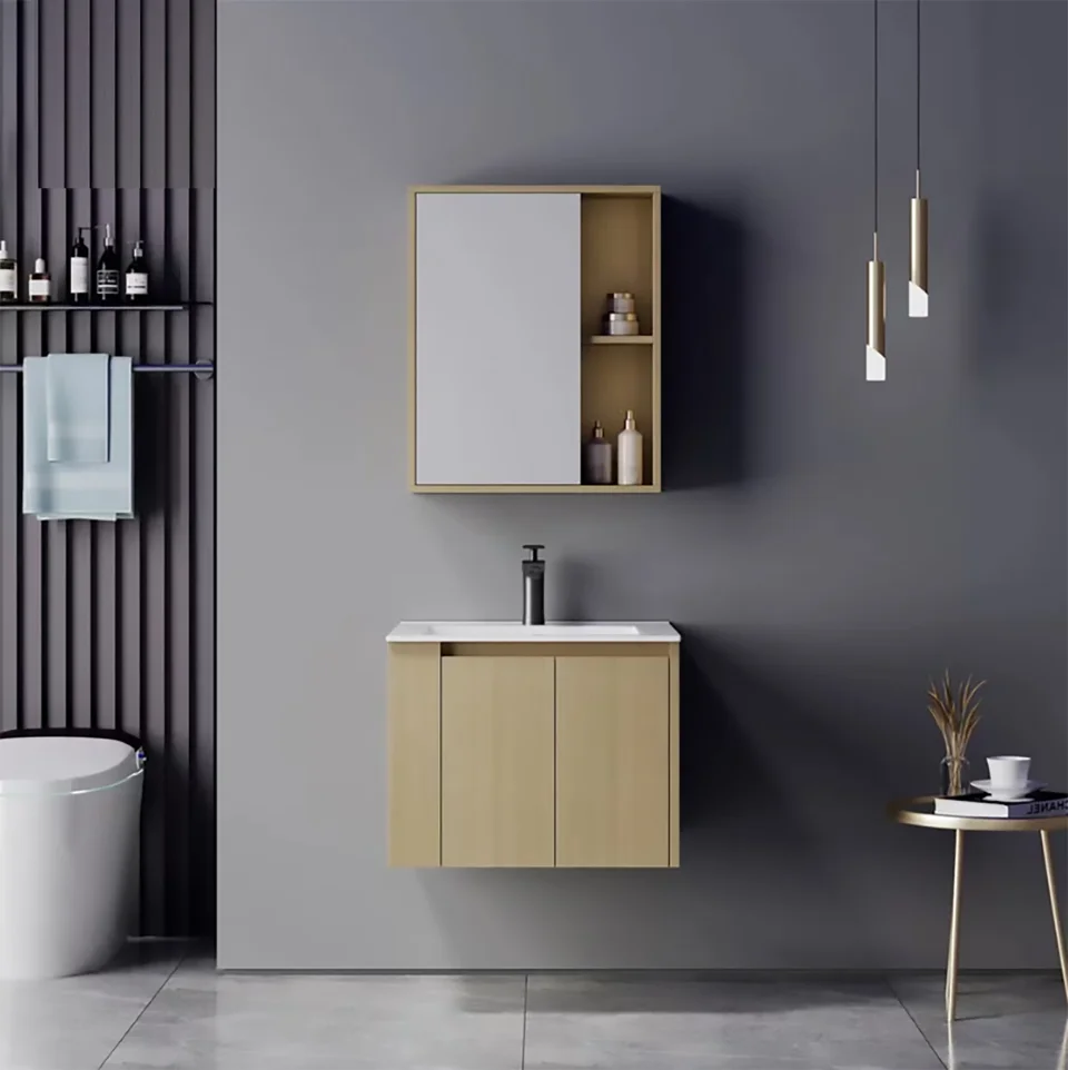 Modern Wall-Mounted Bathroom Vanity with Ceramic Wash Basin – Waterproof Plywood Storage Cabinet & Framed Mirror | Hotel & Home Use