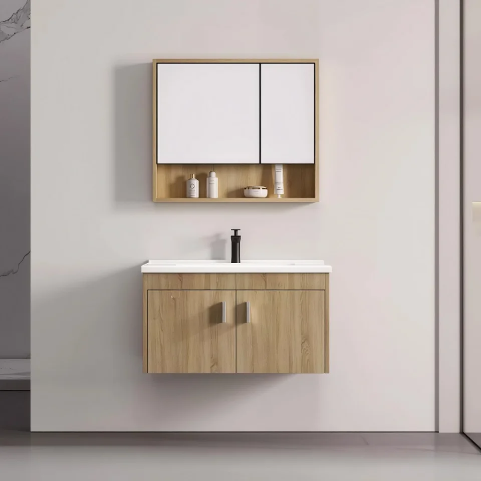 Modern Wall-Mounted Bathroom Vanity with Ceramic Basin – Waterproof Plywood Cabinet & Framed Mirror | Hotel & Home Bathroom Furniture