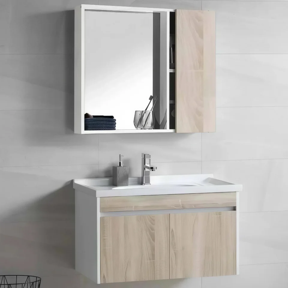 Modern Waterproof Floating Bathroom Vanity – Minimalist Ceramic Wash Basin with Storage | Plywood Wall-Mounted Cabinet with Sink