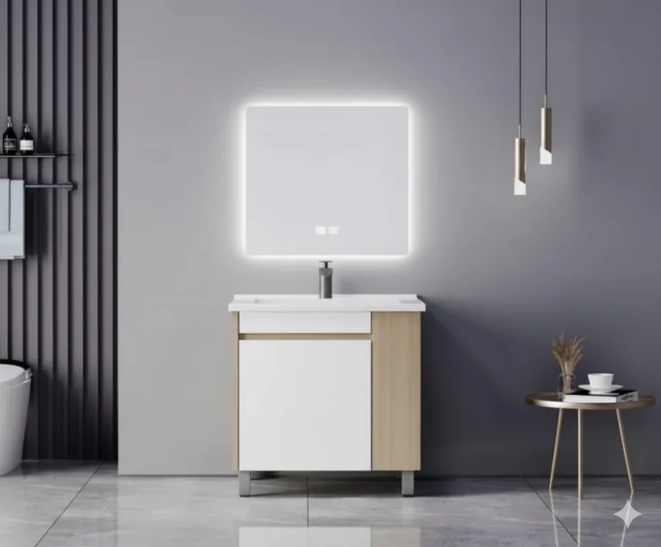 Modern Floor Standing Plywood Bathroom Vanity with Ceramic Basin and LED Mirror