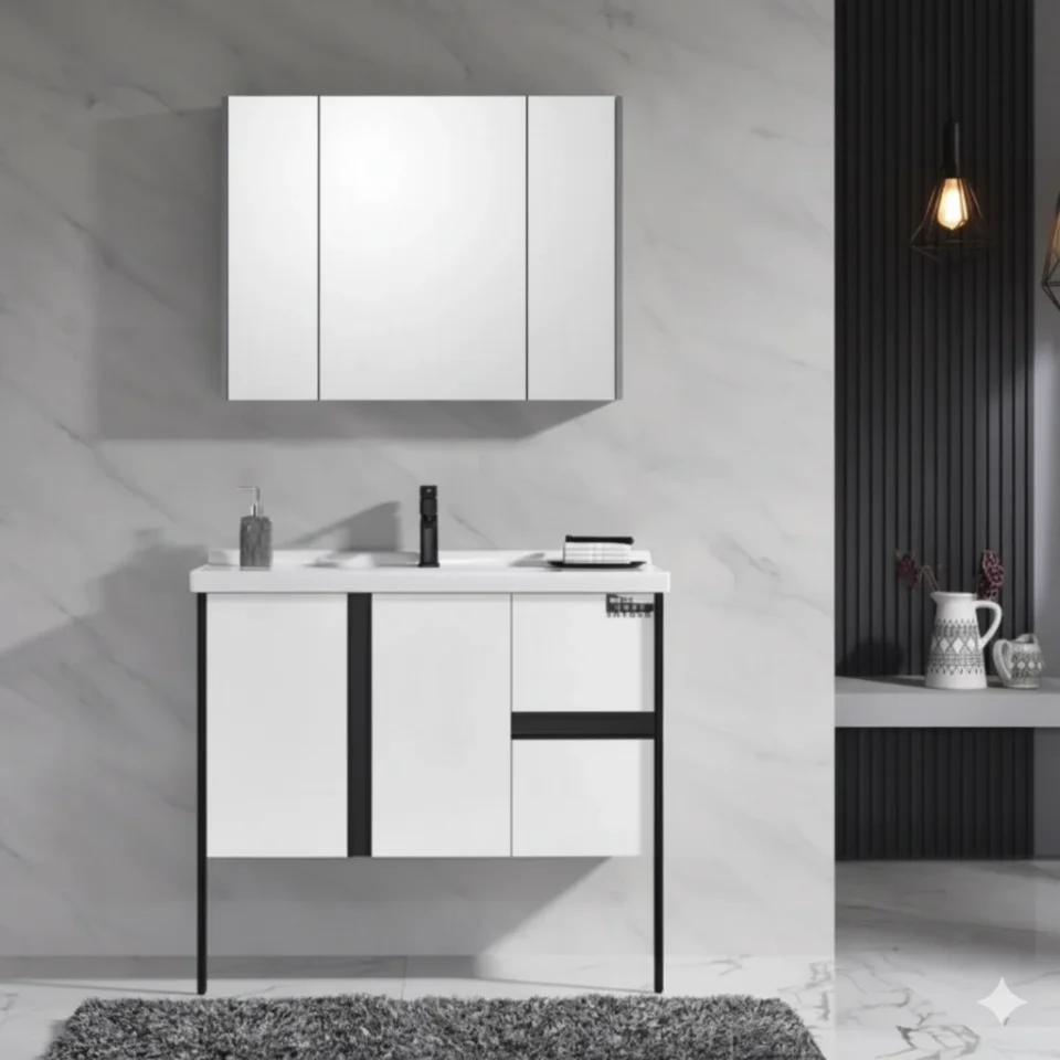 24-Inch Modern Waterproof Plywood Bathroom Vanity – Floor Standing Cabinet with Basin & Framed Mirror | Hotel & Home Bathroom Furniture