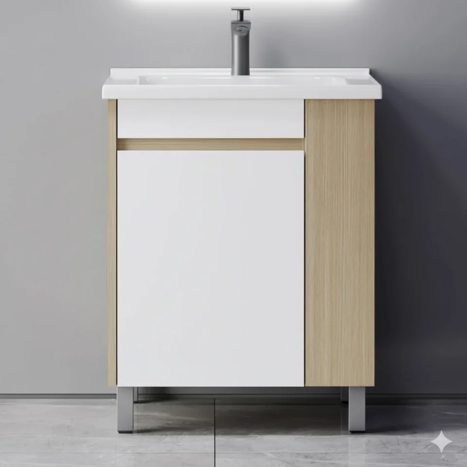 Modern Floor Standing Plywood Bathroom Vanity with Ceramic Basin and LED Mirror
