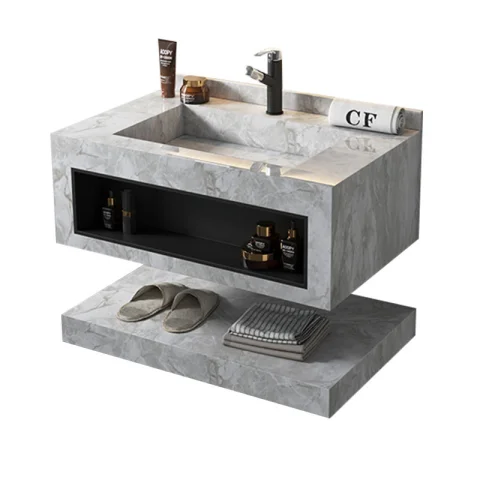 Luxury Slate Stone Wash Basin Vanity Set with Towel Holder – Modern Marble Design Ceramic Sink Cabinet (Wall Mounted)