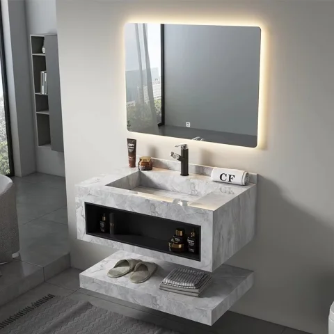 Luxury Slate Stone Wash Basin Vanity Set with Towel Holder – Modern Marble Design Ceramic Sink Cabinet (Wall Mounted)