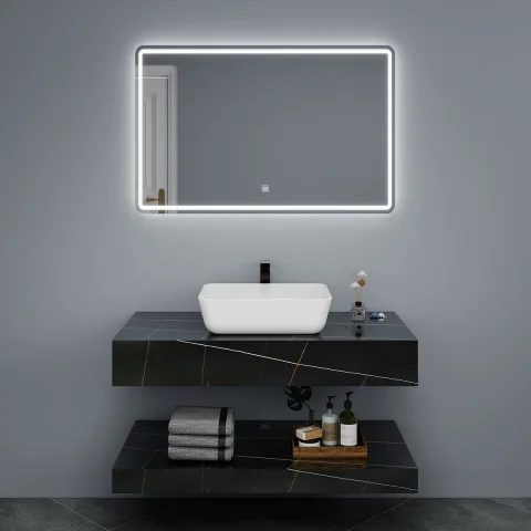 Luxury Square Rock Slab Bathroom Vanity Cabinet with Ceramic Basin – Modern Wall-Mounted Marble Countertop for Villas & Apartments 5