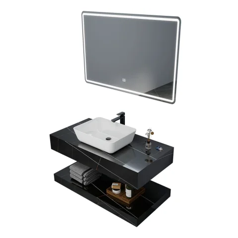 Luxury Square Rock Slab Bathroom Vanity Cabinet with Ceramic Basin – Modern Wall-Mounted Marble Countertop for Villas & Apartments 4