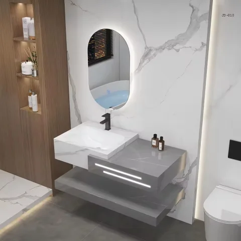 High Quality Rock Slate Bathroom Vanity Cabinet with Towel Shelf & LED Storage Mirror – Modern Square Vanity Combo