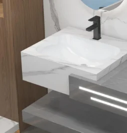 High Quality Rock Slate Bathroom Vanity Cabinet with Towel Shelf & LED Storage Mirror – Modern Square Vanity Combo 4