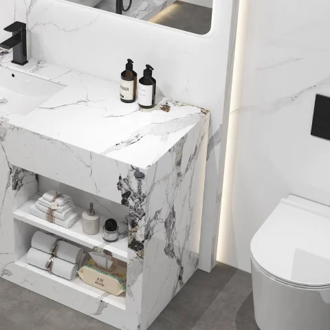 Hotel & Household Luxury Rock Plate Bathroom Vanity Cabinet Set with Ceramic Washbasin – Modern Wall-Mounted Slate Vanity Combo 4