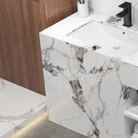 Hotel & Household Luxury Rock Plate Bathroom Vanity Cabinet Set with Ceramic Washbasin – Modern Wall-Mounted Slate Vanity Combo 3